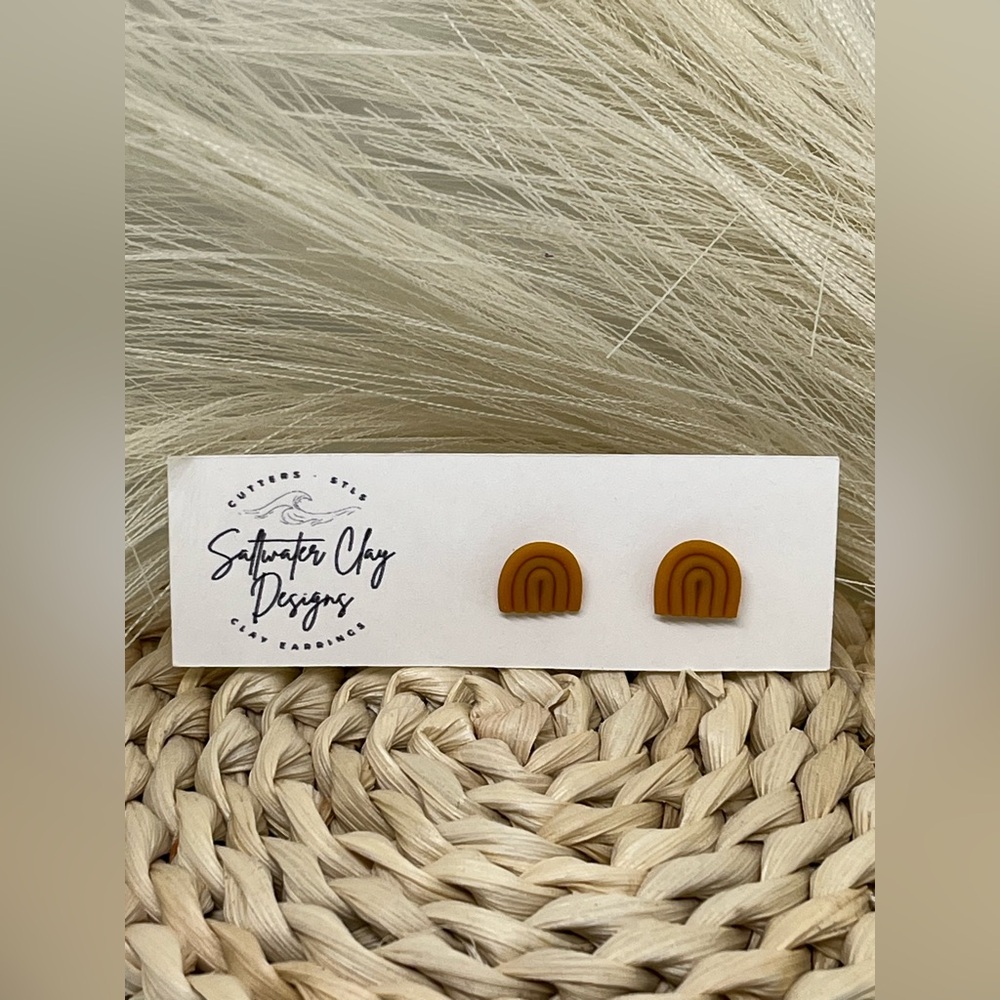 Handmade Boho Mustard Yellow Rainbow Stud Earrings | Polymer Clay |New with Tags